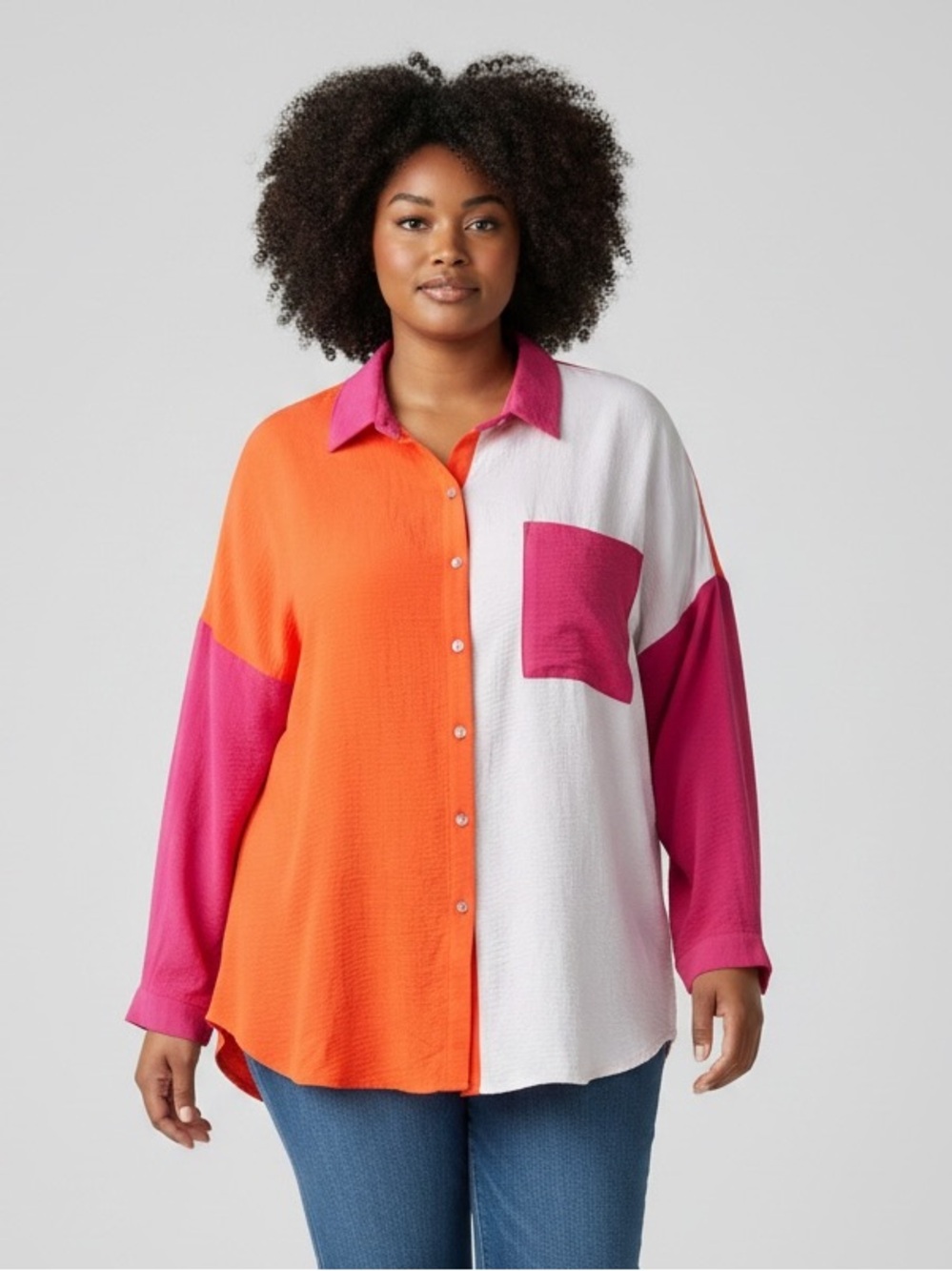 DAVI & DANI Colorblock Button-Down Shirt in Orange, Pink & White